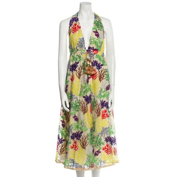 Toccin NY Women's Green Multi Embroidered Coral-Print Halter Midi-Dress Sz 6 (V - Picture 4 of 9